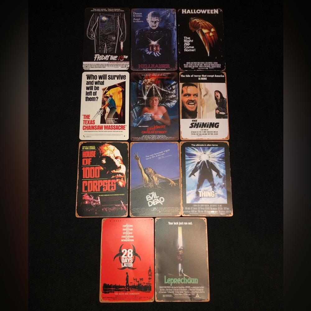 Collection of 11 Tin Metal Horror Movie Signs. 8”x12”.